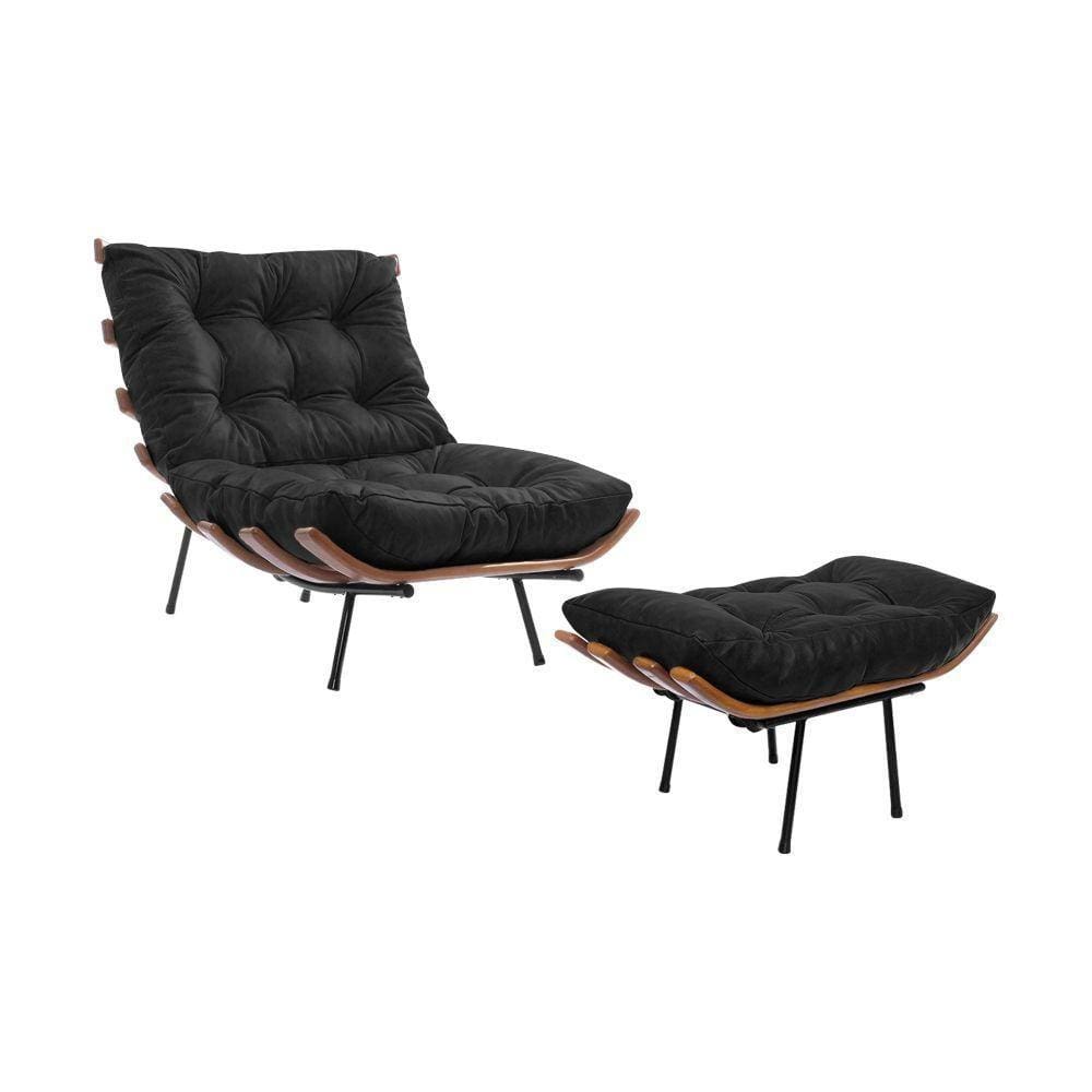 Poltrona Costela Em Couro Natural Com Puff Preto Cor Preto