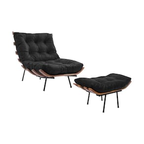 Poltrona Costela Em Couro Natural Com Puff Preto Cor Preto