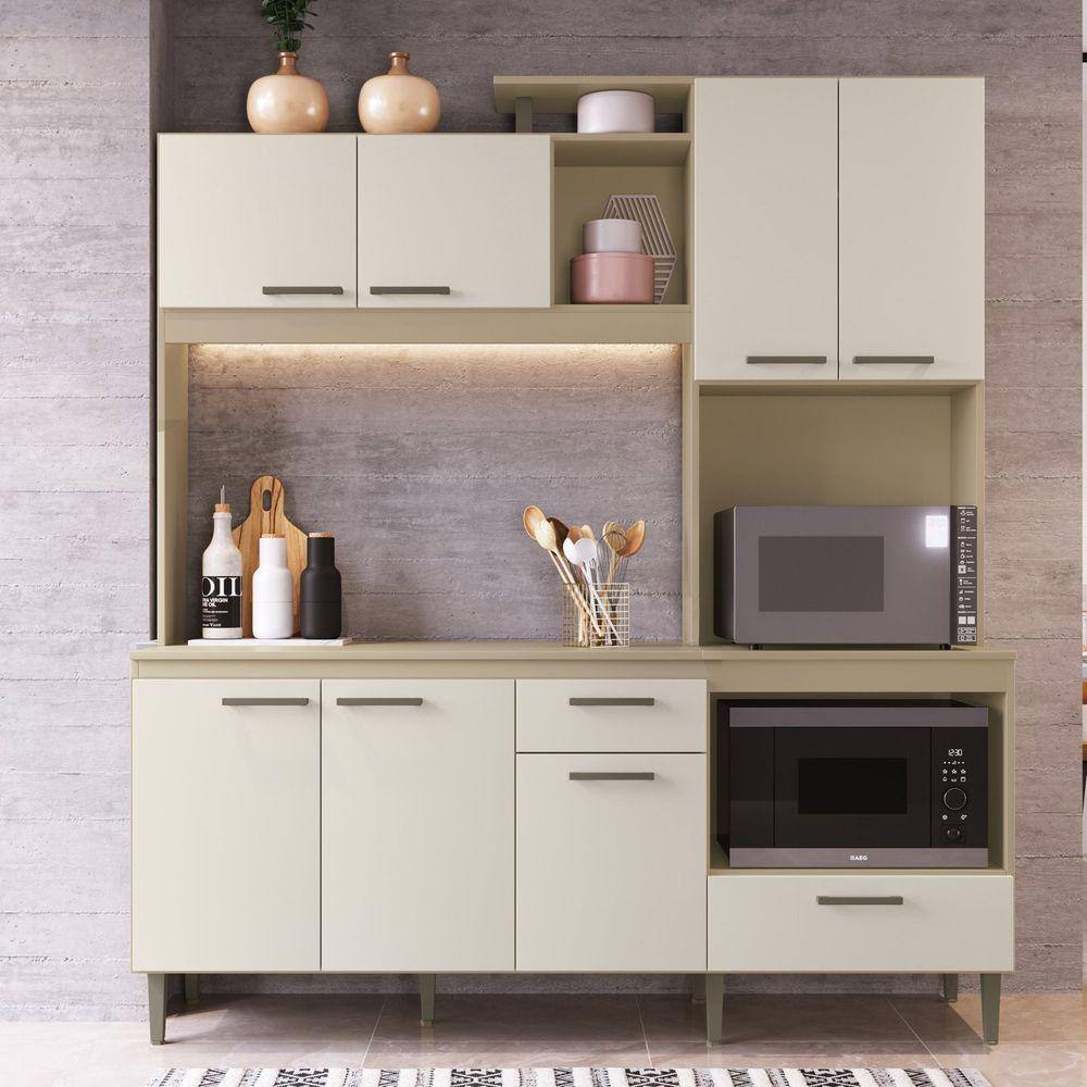 Cozinha Compacta com Tampo 7 Portas 2 Gavetas 2 Nichos para Forno Valência Móveis Cadorin Mocca/Areia