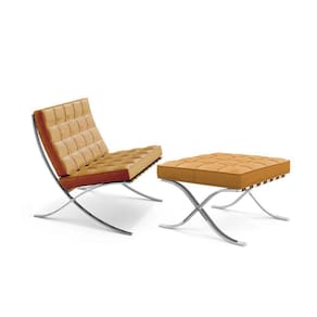 Poltrona Barcelona Com Puff Couro Ecológico Inox Caramelo Cor Marrom