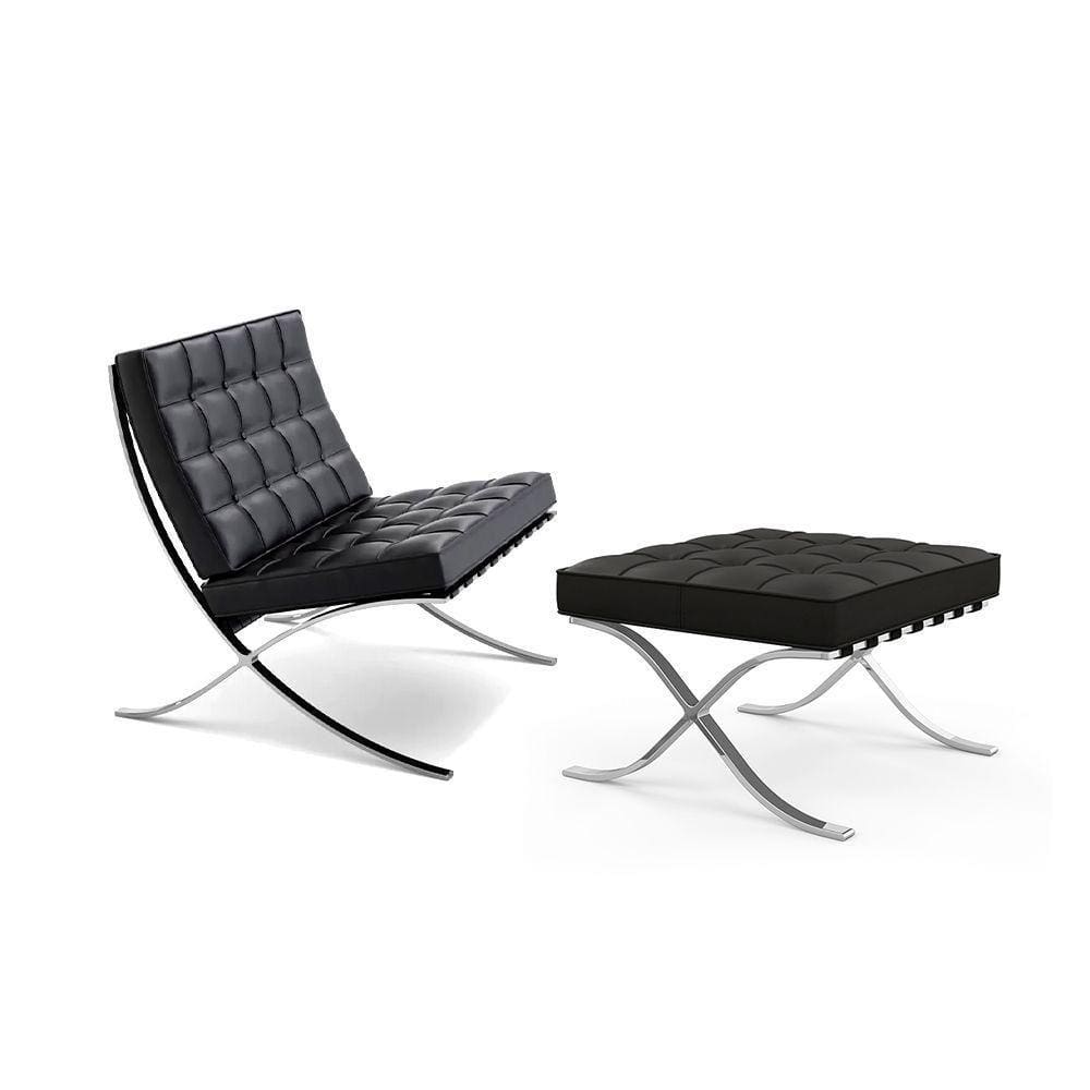Poltrona Barcelona Couro Natural Com Puff Inox Preto Cor Marrom
