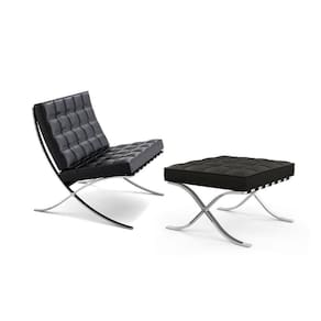 Poltrona Barcelona Couro Natural Com Puff Inox Preto Cor Marrom