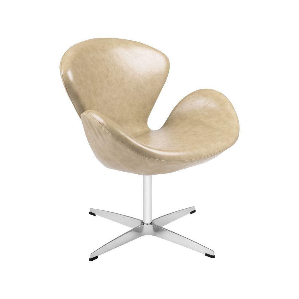 Poltrona Swan Couro Natural Bege Base Alumínio Giratória Cor Bege