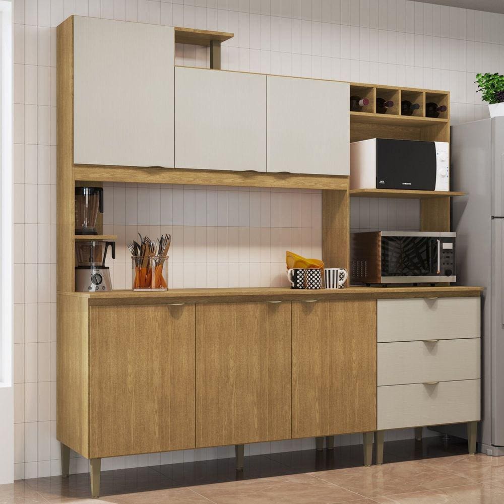 Cozinha Compacta com Tampo 6 Portas 3 Gavetas 2 Nichos para Forno Isa Móveis Cadorin Freijó/Chamois