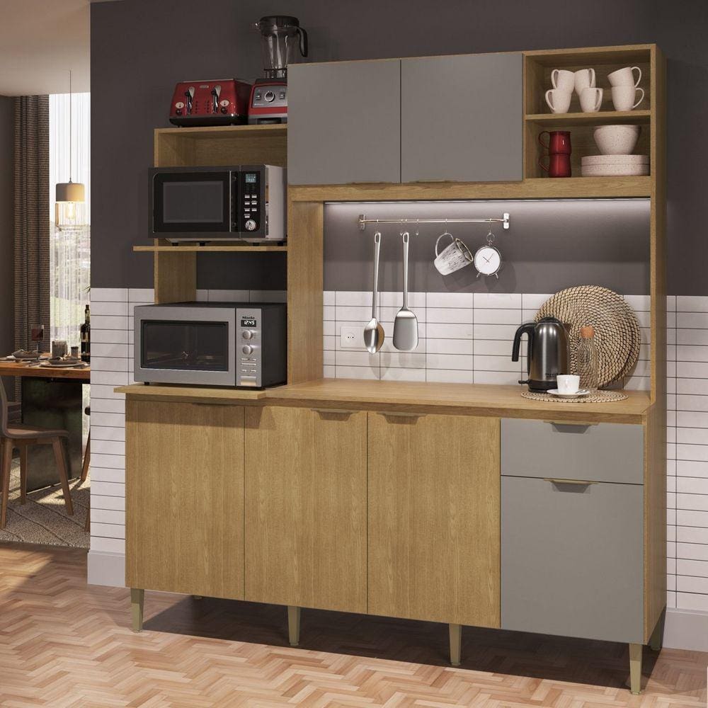 Cozinha Compacta com Tampo 6 Portas 1 Gaveta 2 Nichos para Forno Dália New Móveis Cadorin Freijó/Fumê