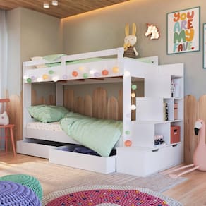 Cama Beliche Infantil com Escada e Nichos com 2 Gavetões Branco
