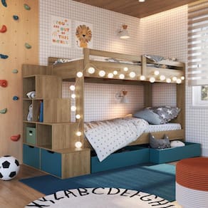 Cama Beliche Infantil com Escada e Nichos com 2 Gavetões Marrom Azul