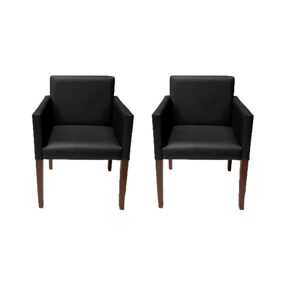 Kit 2 Poltronas Nina Executiva Em Tecido Sintético Preto Pé Maderia Maciça Marrom - Cor: Marrom