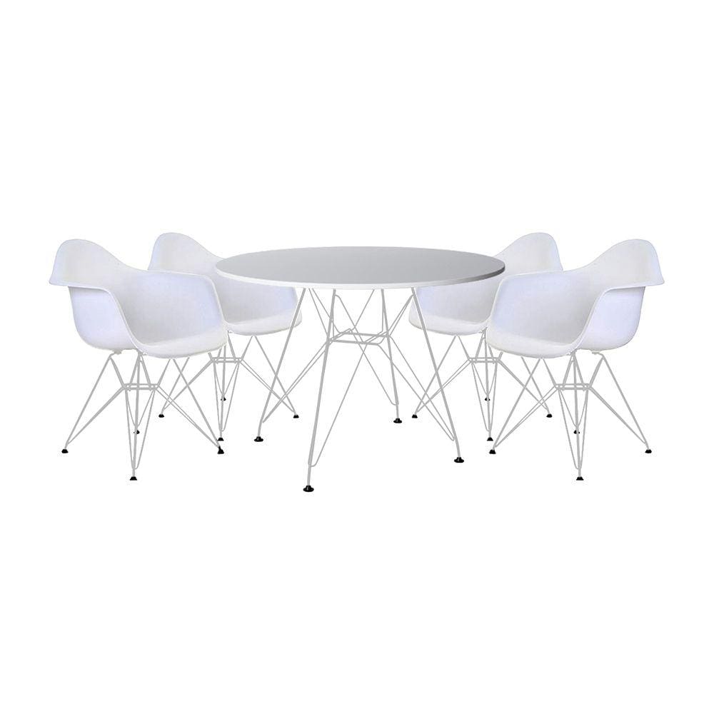 Mesa de Jantar Eames Eiffel Redonda Branca 90cm com 4 Poltronas Brancas Ferro Branco