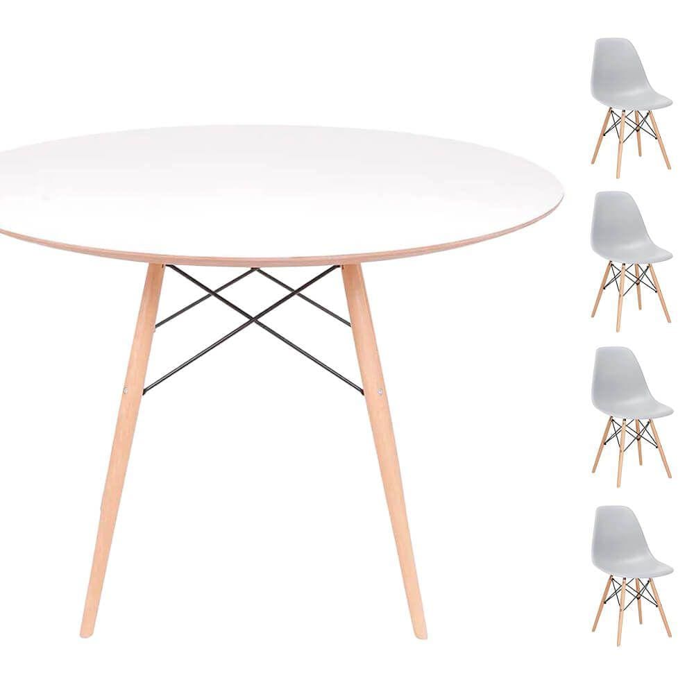 Conjunto Mesa Eames Eiffel DSW Redonda Branca 90cm + 4 Cadeiras Eames DSW - Cinza