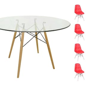 Conjunto Mesa Eames Eiffel Redonda Vidro 90cm + 4 Cadeiras Eames DSW Botonê - Vermelha