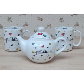 Kit Café Gratidão Porcelana - Bule chaleira 500ml + 2 Canecas 300ml