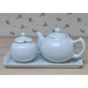 Jogo Café e Chá Mesa Posta, Bandeja + Bule Chaleira 830ml + Açucareiro Bolinha 350ml - Kit Porcelana