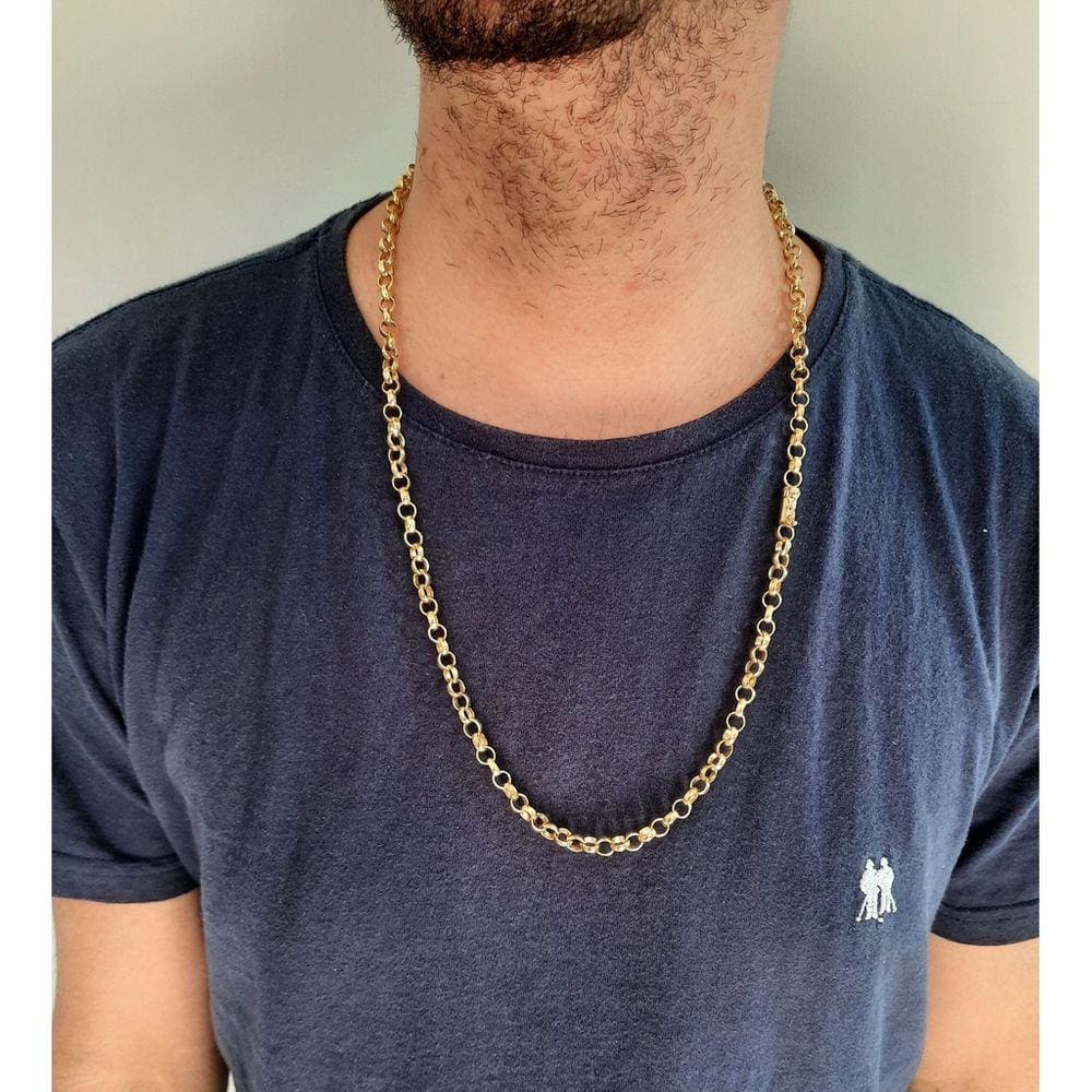 Corrente Portuguesa Masculina Liga de Moeda 5mm 70cm Fecho Canhão Aparência de Ouro 18k