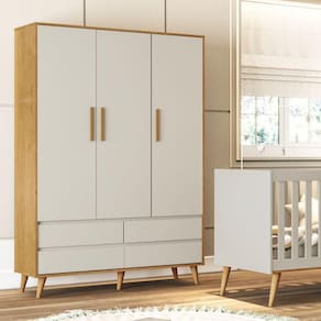 Guarda Roupa Infantil Retrô 3 Portas com Gavetas Off White com Betula Lorena  Carolina Baby