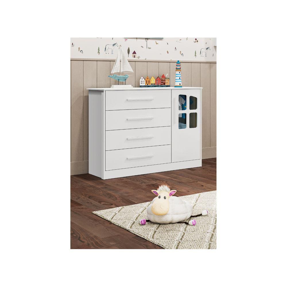 Cômoda infantil Charlo Moveis Peroba MDF 04 gavetas 01 porta
