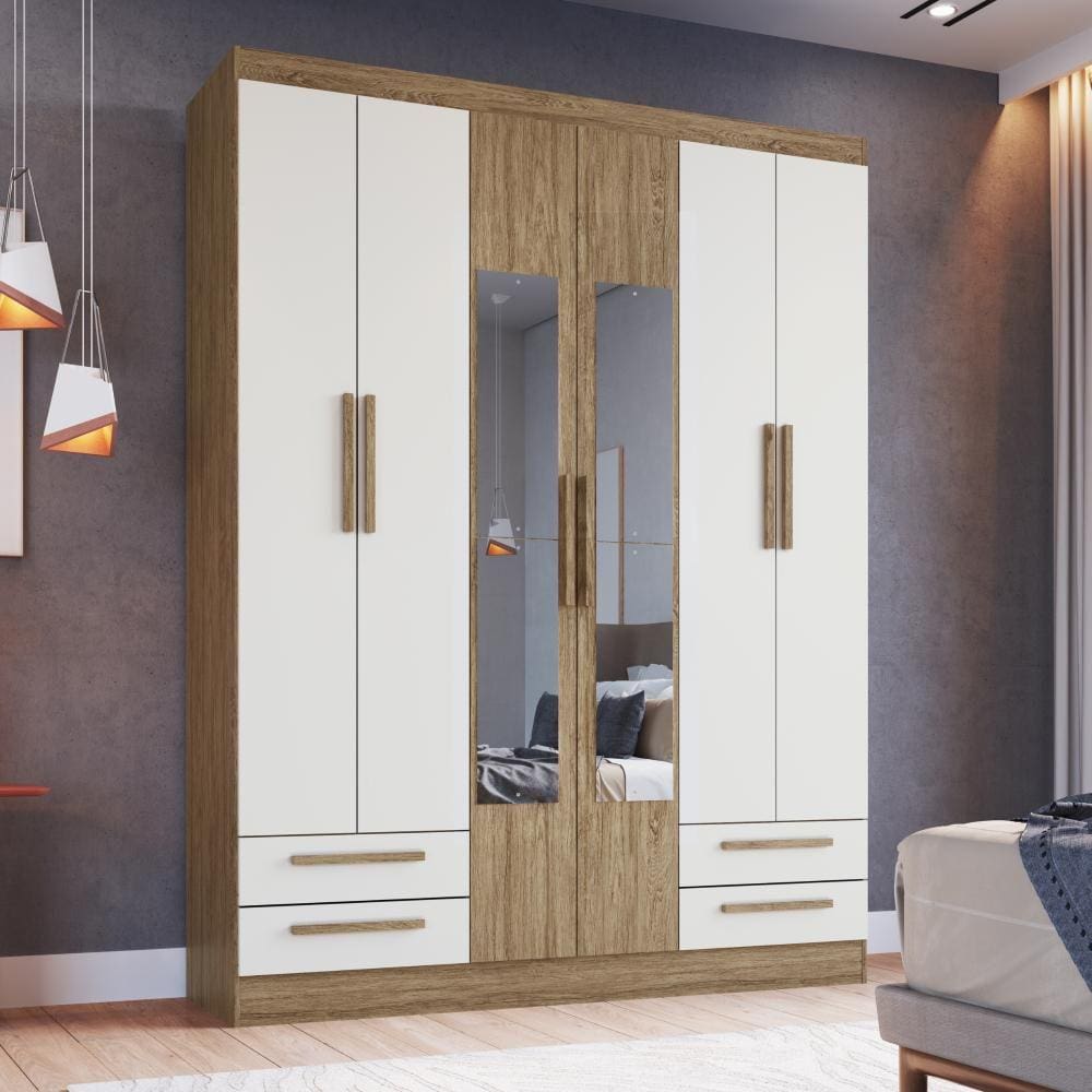 Guarda Roupa Casal com Espelho 6 Portas 4 Gavetas RP3640 Decibal Wood/Branco Off