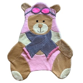 Tapete Pelúcia Ursa Aviador 1,05M X 85Cm Cachecol Infantil Macio Base Emborrachado - Rosa