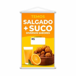 Banner Temos Salgado e Suco Diversos Sabores Preço Grande