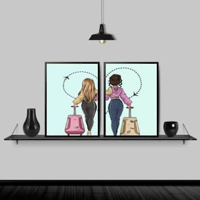Kit 2 Quadros Melhores Amigas Viajantes 24X18Cm Vidro Preta