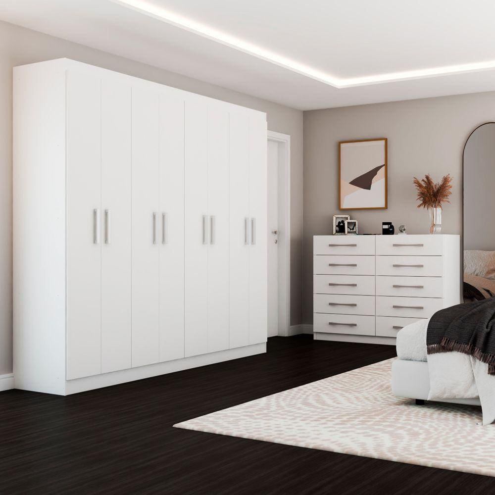 Quarto de Casal Ele e Ela Guarda-Roupa 8 Portas e 8 Prateleiras Cômoda 10 Gavetas Branco - Panorama Móveis