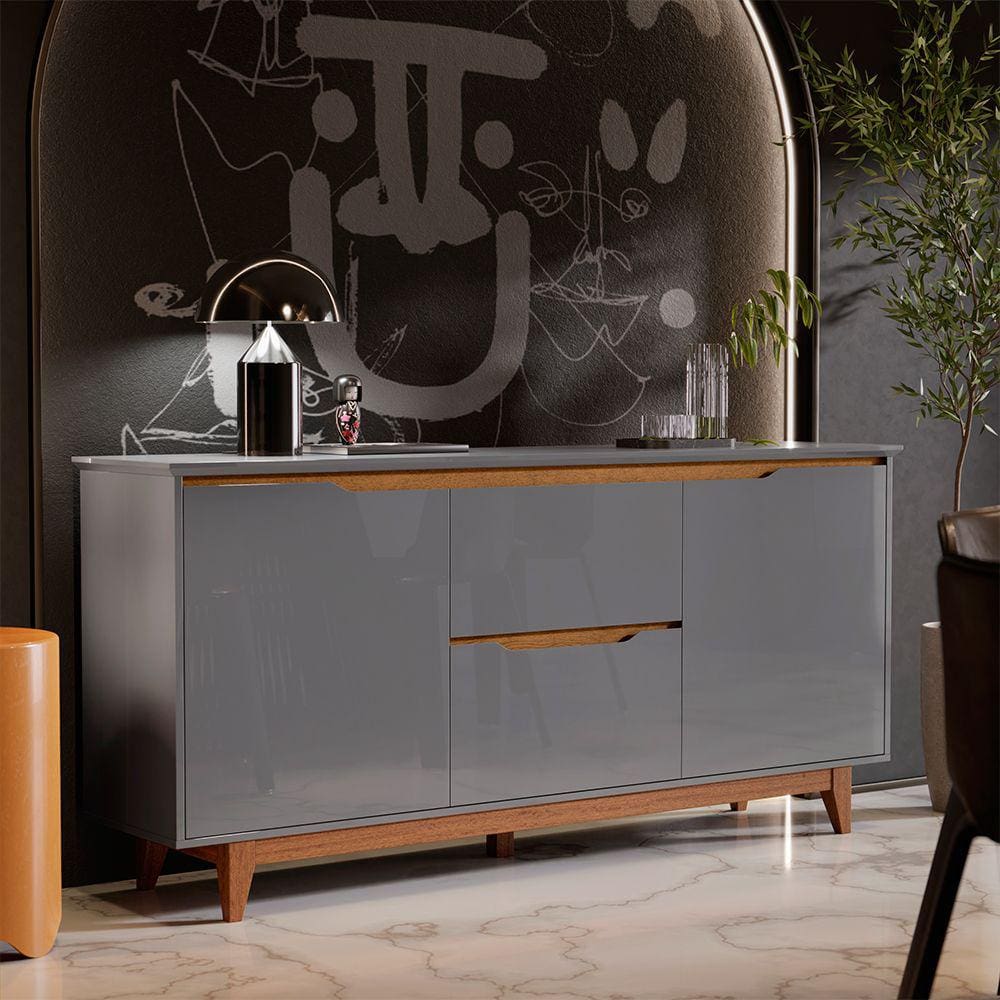 Aparador Buffet 163 cm com 02 Portas e 02 Gavetas Retrô Flow Cinza