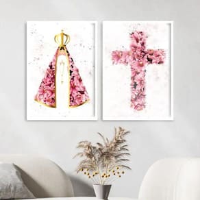 Kit 2 Quadros Nossa Senhora E Cruz Flores 24X18Cm