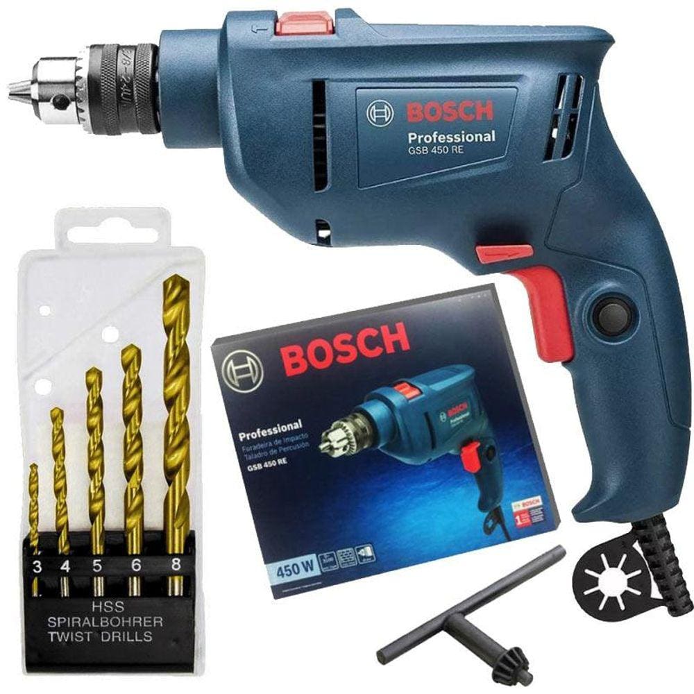 Furadeira Industrial de Impacto 3/8 POL c/ Reversão 450W GSB 450 RE BOSCH + Kit Brocas Aço Rápido