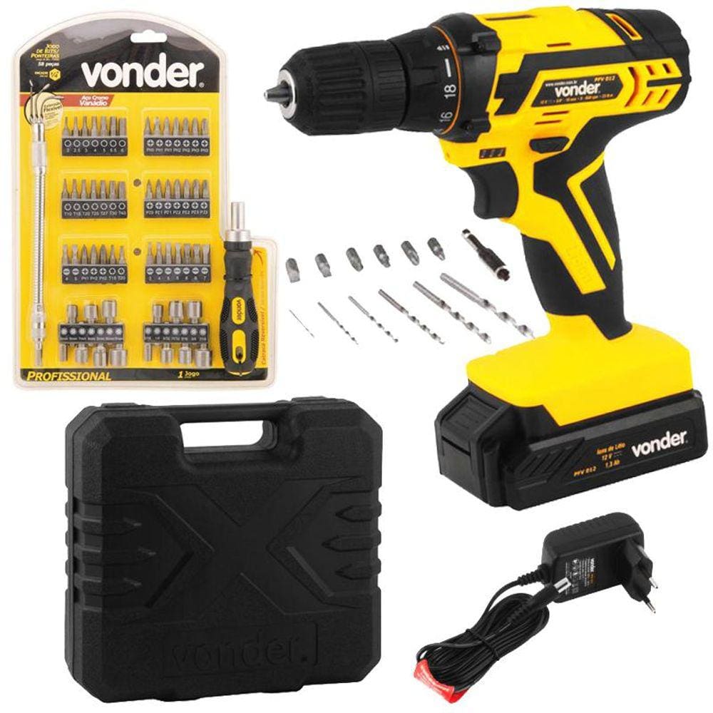 Furadeira e Parafusadeira à Bateria 12V BIVOLT PFV 012 + Kit Bits e Ponteira 58 Peças VONDER