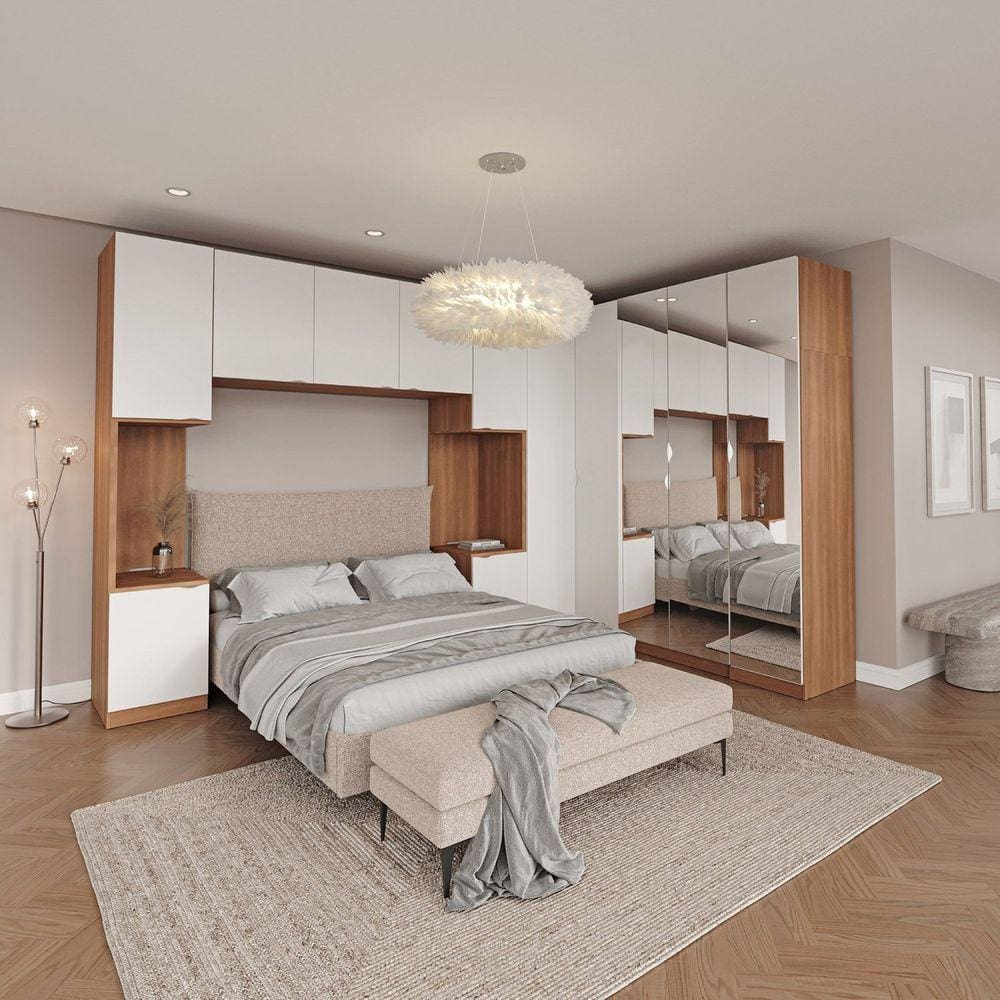 Guarda Roupa Modulado de Canto Hera 6 Peças com Espelho e 2 Mesas de Cabeceira CabeCasa MadeiraMadeira Branco Geada/Louro