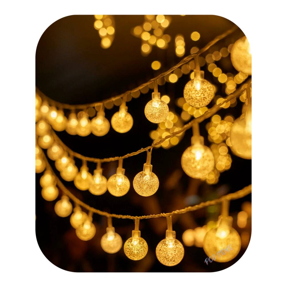 Cordão Led 50 Bolinha Cristal 8 Funções 6m Fio Transparente Festa Decor Branco Quente Bivolt