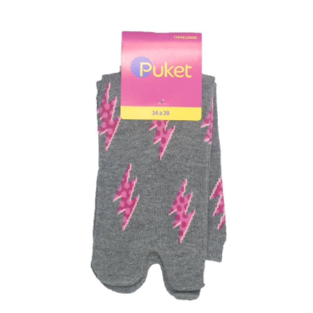 Meia Chinelinho Puket Modelo Cb7256, Cinza Mescla Escuro c/ Estampas de Raios Pink, Tam 34-39
