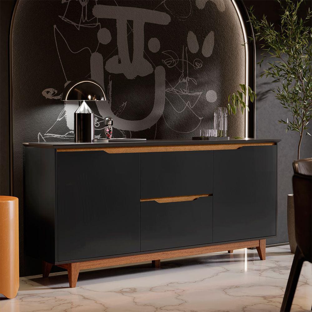 Aparador Buffet 163 cm com 02 Portas e 02 Gavetas Retrô Flow Preto