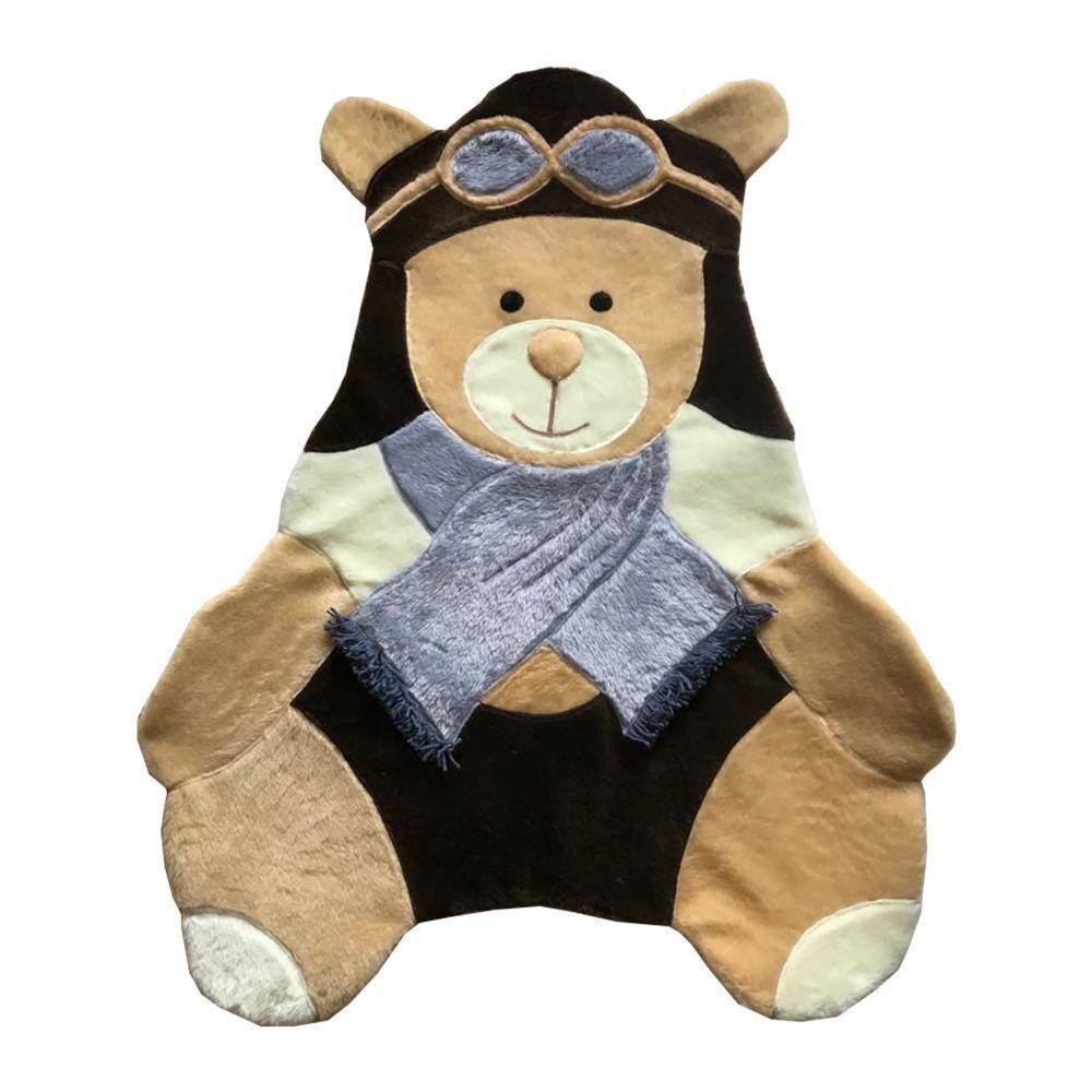 Tapete Pelúcia Urso Aviador 1,05M X 85Cm Cachecol Infantil Macio Base Emborrachado - Cinza