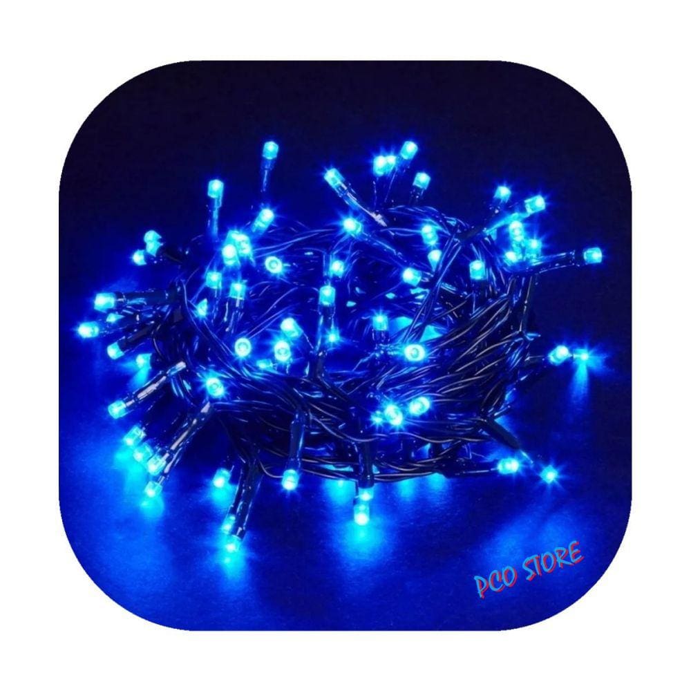 Cordão Pisca 100 Led Prova D´água Fixo Azul Fio Verde 10m Decor Natal 110v