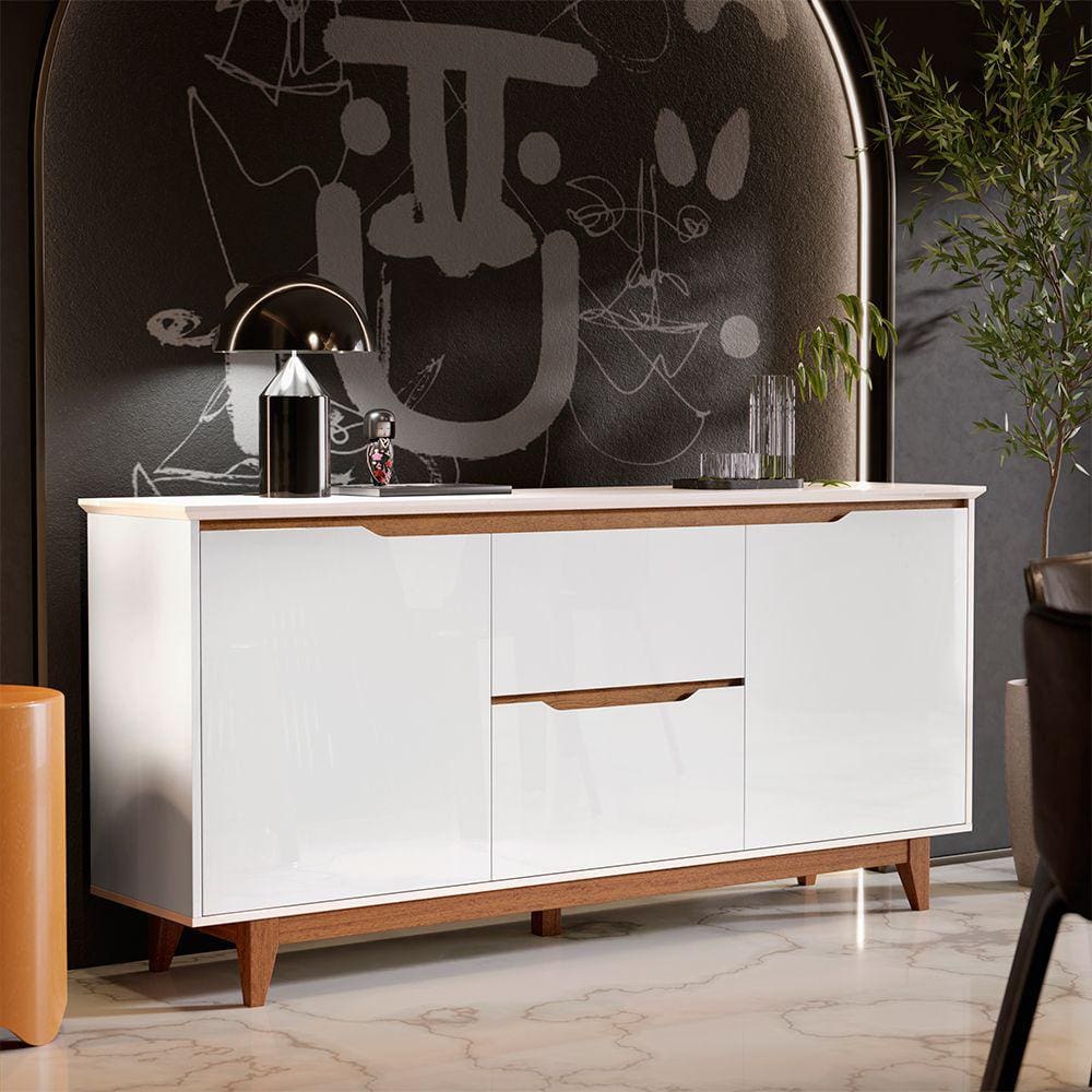 Aparador Buffet 163 cm com 02 Portas e 02 Gavetas Retrô Flow Branco