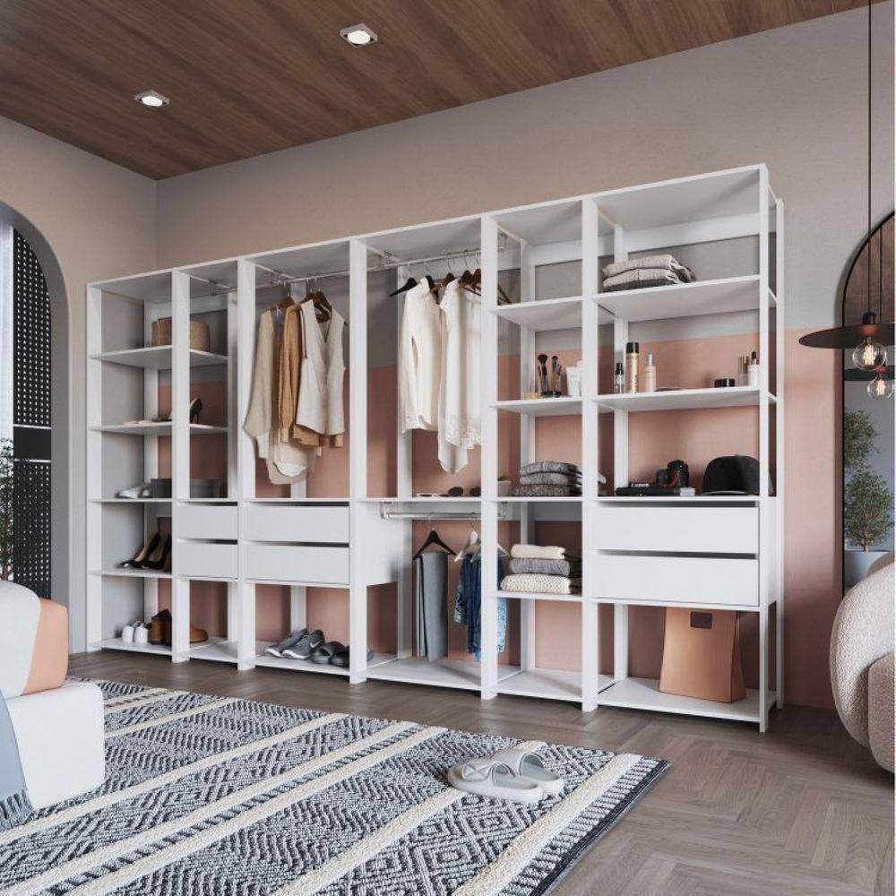 Guarda Roupa Closet 6 Peças com 3 Cabideiros 6 Gavetas 16 Nichos Easy Prodecor Branco