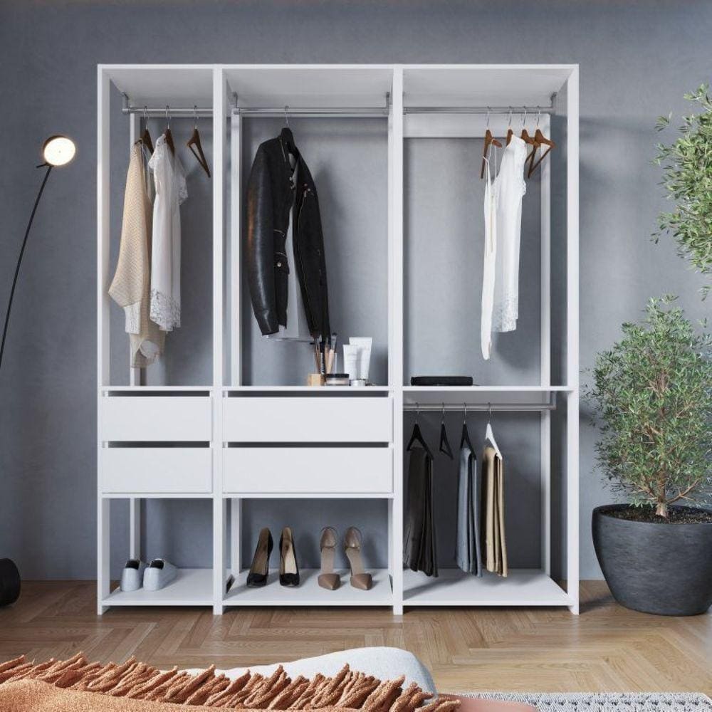 Guarda Roupa Closet 3 Peças com 3 Cabideiros 4 Gavetas 2 Nichos Easy Prodecor Branco
