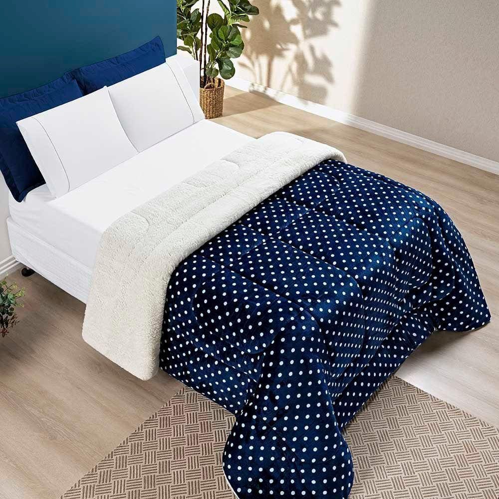 Coberdrom Cobertor Celine Casal King 01 Peça Tecido Sherpa Manta Flannel Quente - Azul Marinho