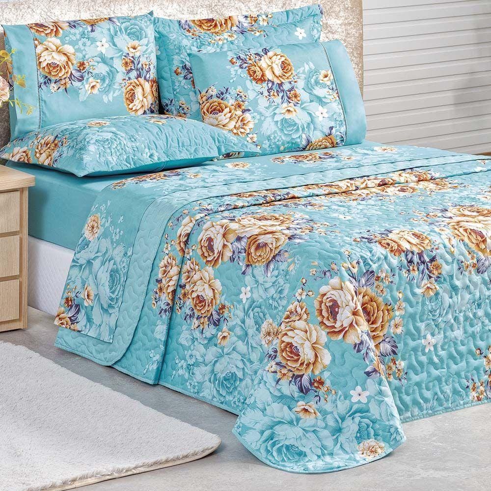 Kit Cobre Leito Real Casal Super King Dupla Face Micropercal 200 Fios 03 Peças - Azul Jasmini Floral