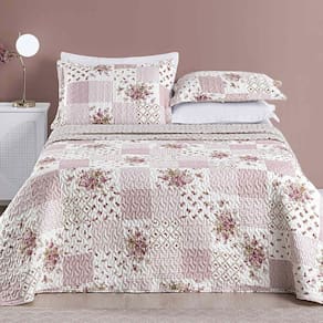 Kit Colcha Ayla Casal King Tecido Dupla Face Microfibra 03 Peças - Rosa Floral Matura