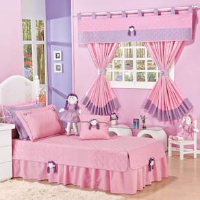 Kit Colcha Boneca Sofie Solteiro 06 Peças C/ Cortina 2 Metros Infantil Completo Menina Rosa/Lilás