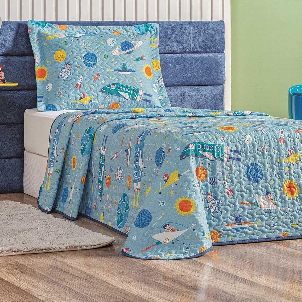 Kit Colcha Diverkids Astronauta Solteiro Tecido Microfibra Dupla Face Quarto Infantil - Azul