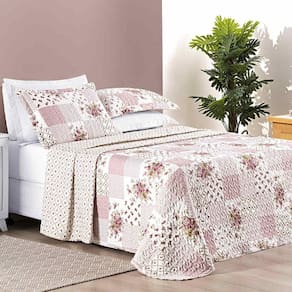 Colcha Ayla Casal Padrão Tecido Dupla Face Microfibra 03 Peças - Rosa Floral Matura
