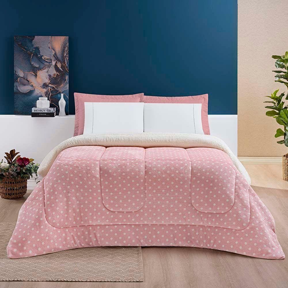 Coberdrom Cobertor Celine Casal Queen 01 Peça Tecido Sherpa Manta Flannel Quente - Rosa
