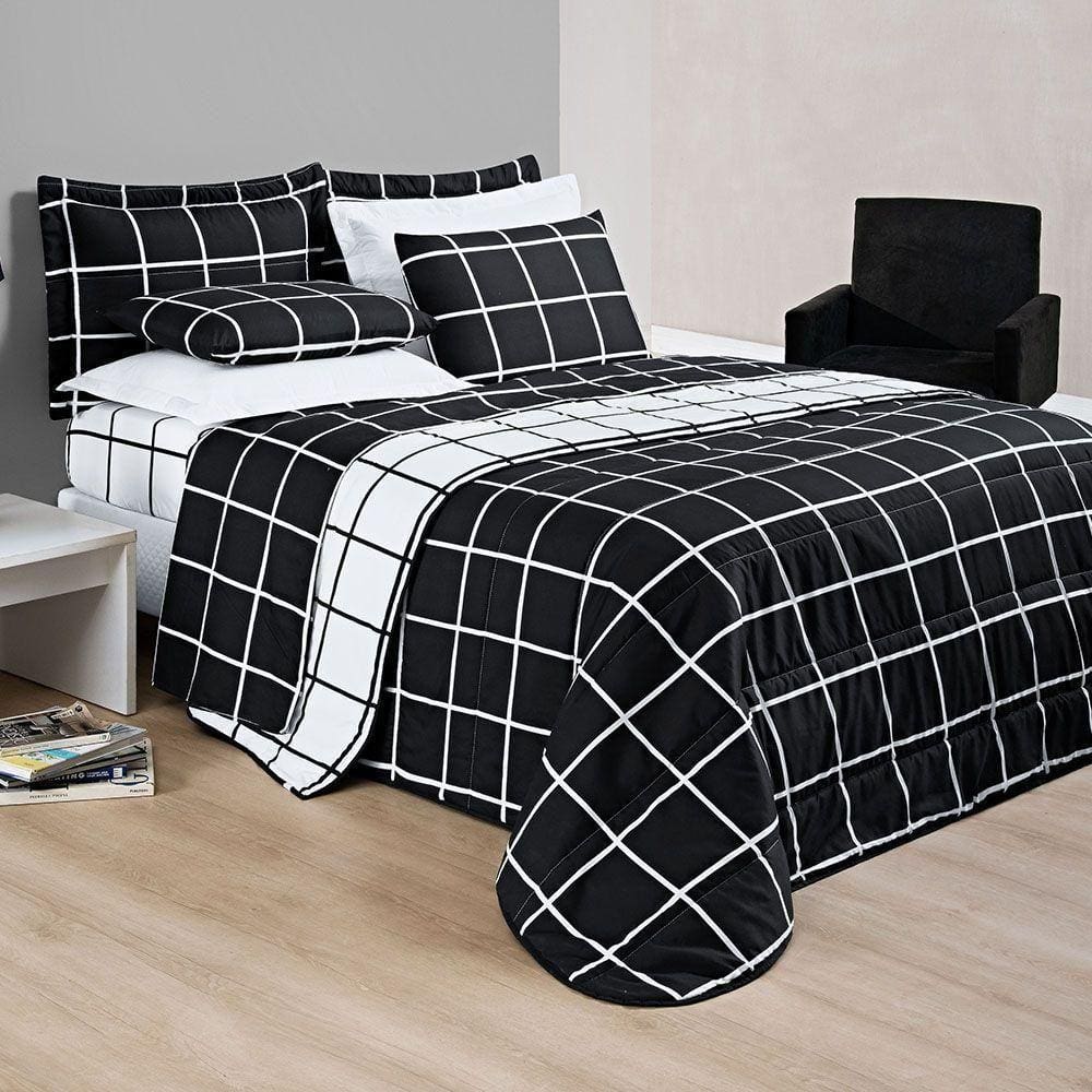 Kit Cobre Leito Minimalista King 03 Peças Micropercal 200 Fios - Preto Com Branco