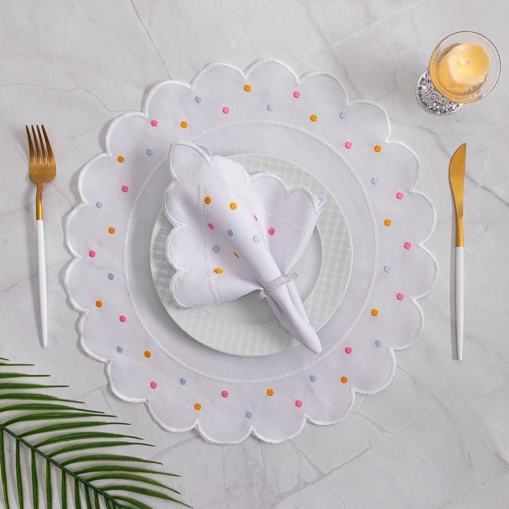 Jogo De Guardanapos Sousplat Americano 12 Peças Bordado Decorativo - Linha Poá Premium Cor Branco Bolinha Clara