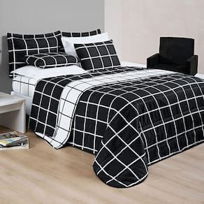 Kit Cobre Leito Minimalista Queen 03 Peças Micropercal 200 Fios - Preto Com Branco
