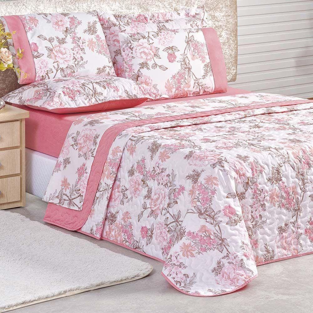 Kit Cobre Leito Real Solteiro Dupla Face Micropercal 200 Fios 02 Peças - Rosa Floral Serene