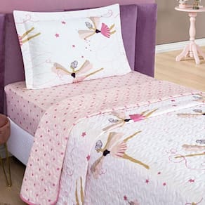 Kit Colcha Bailarina Solteiro Tecido Microfibra Dupla Face Quarto Infantil - Branco